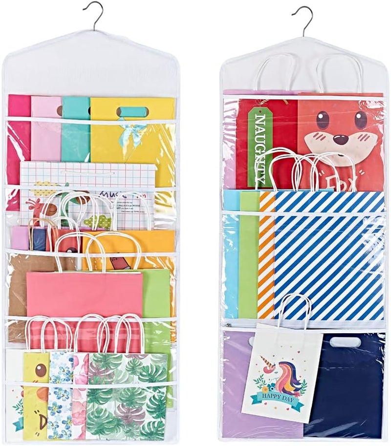 Primode Gift Bag and Tissue Paper Storage, Hanging Organizer with Multiple Front and Back Pockets Double Sided, Organize Gift Wrap and Paper Bags 38 x 16 Inch (White) - Image 1